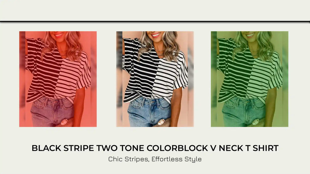 Black Stripe Two Tone Colorblock V Neck T Shirt by@Outfy