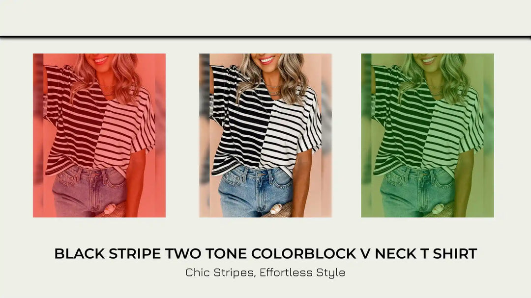 Black Stripe Two Tone Colorblock V Neck T Shirt by@Outfy