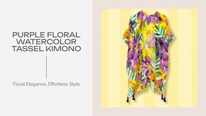 Purple Floral Watercolor Tassel Kimono by@Outfy