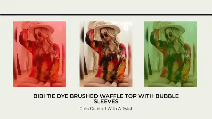 BiBi Tie Dye Brushed Waffle Top With Bubble Sleeves by@Outfy