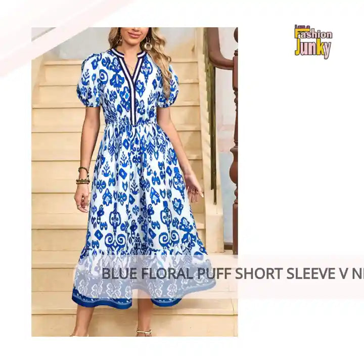 Blue Floral Puff Short Sleeve V Neck High Waist Maxi Dress by@Outfy