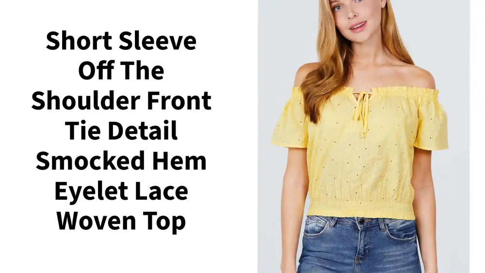 Short Sleeve Off The Shoulder Front Tie Detail Smocked Hem Eyelet Lace Woven Top by@Outfy