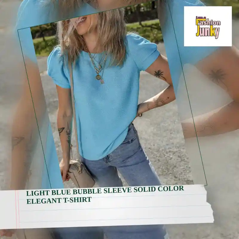 Light Blue Bubble Sleeve Solid Color Elegant T-Shirt by@Outfy