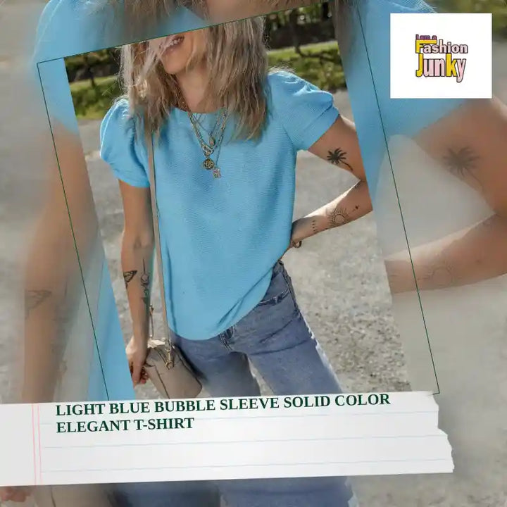 Light Blue Bubble Sleeve Solid Color Elegant T-Shirt by@Outfy