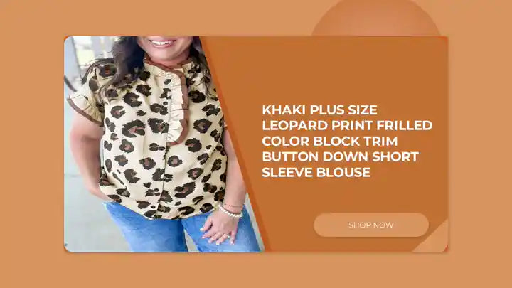 Khaki Plus Size Leopard Print Frilled Color Block Trim Button Down Short Sleeve Blouse by@Outfy