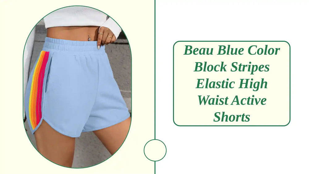 Beau Blue Color Block Stripes Elastic High Waist Active Shorts by@Outfy