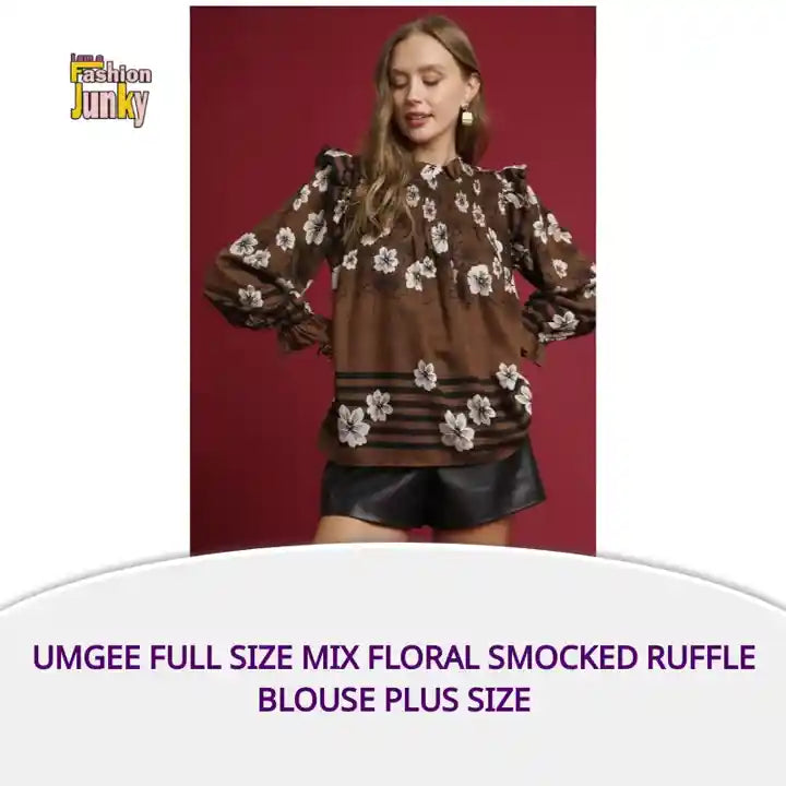 Umgee Full Size Mix Floral Smocked Ruffle Blouse Plus Size by@Outfy