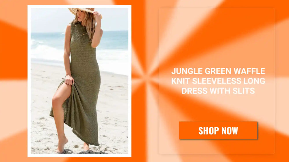 Jungle Green Waffle Knit Sleeveless Long Dress with Slits by@Outfy