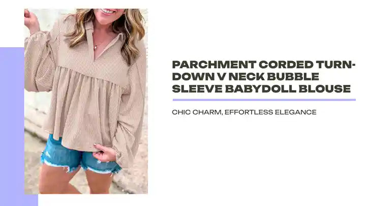 Parchment Corded Turn-down V Neck Bubble Sleeve Babydoll Blouse by@Outfy