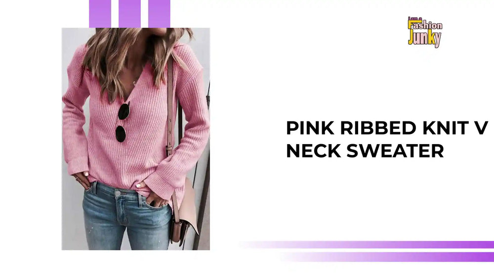 Pink Ribbed Knit V Neck Sweater by@Outfy