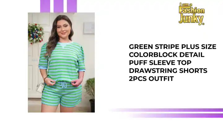 Green Stripe Plus Size Colorblock Detail Puff Sleeve Top Drawstring Shorts 2pcs Outfit by@Outfy