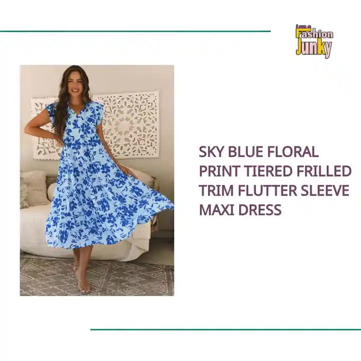 Sky Blue Floral Print Tiered Frilled Trim Flutter Sleeve Maxi Dress by@Outfy