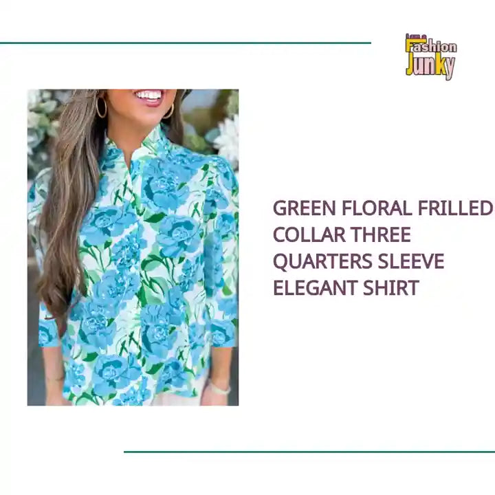 Green Floral Frilled Collar Three Quarters Sleeve Elegant Shirt by@Outfy