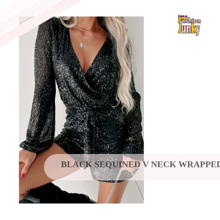 Black Sequined V Neck Wrapped Long Sleeve Romper by@Outfy
