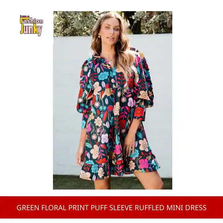 Green Floral Print Puff Sleeve Ruffled Mini Dress by@Outfy