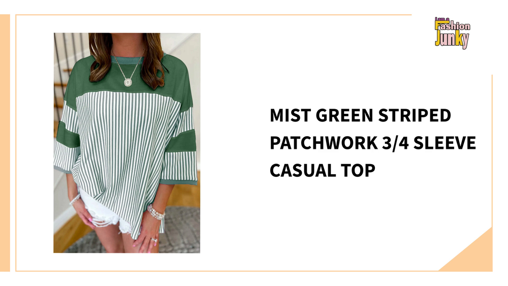 Mist Green Striped Patchwork 3/4 Sleeve Casual Top by@Outfy