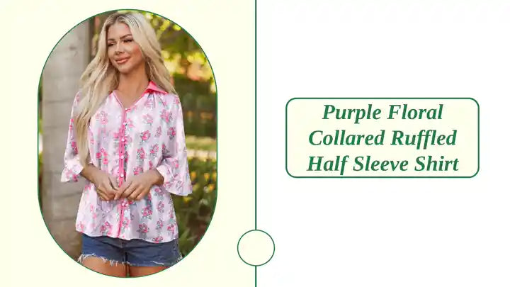Purple Floral Collared Ruffled Half Sleeve Shirt by@Outfy