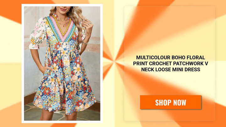 Multicolour Boho Floral Print Crochet Patchwork V Neck Loose Mini Dress by@Outfy