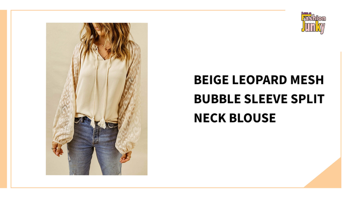 Beige Leopard Mesh Bubble Sleeve Split Neck Blouse by@Outfy