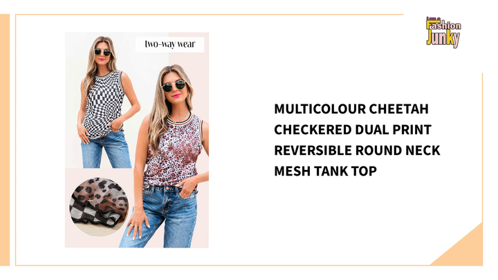 Multicolour Cheetah Checkered Dual Print Reversible Round Neck Mesh Tank Top by@Outfy