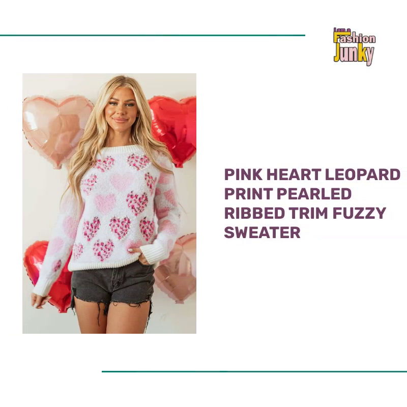 Pink Heart Leopard Print Pearled Ribbed Trim Fuzzy Sweater by@Outfy