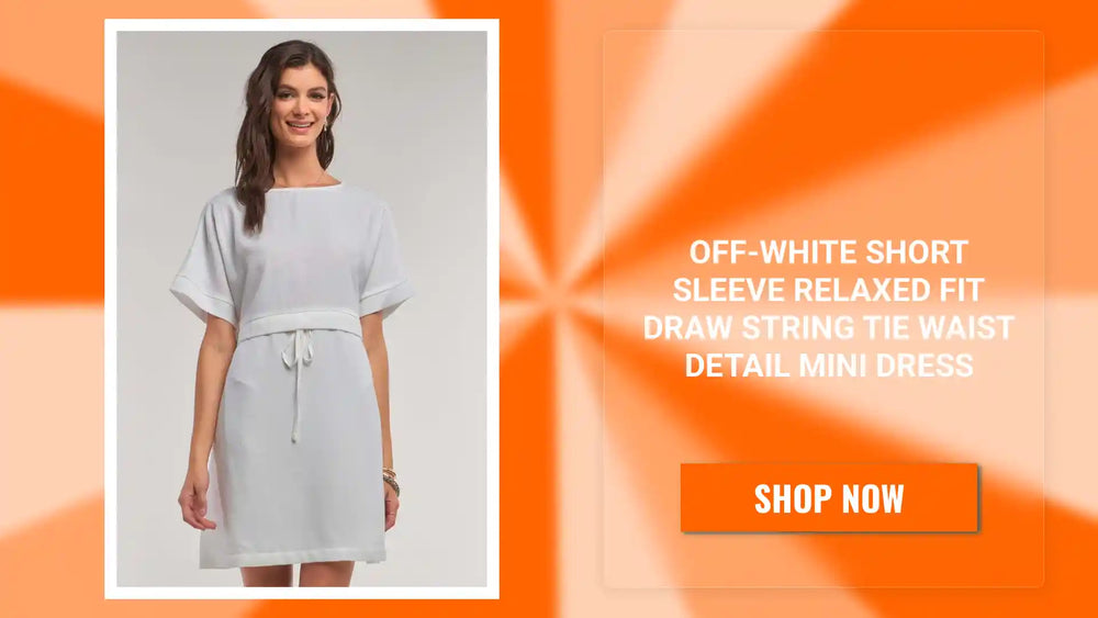 Off-white Short Sleeve Relaxed Fit Draw String Tie Waist Detail Mini Dress by@Outfy