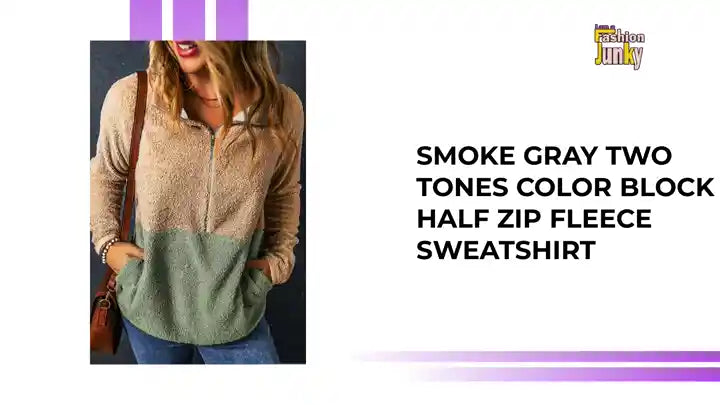 Smoke Gray Two Tones Color Block Half Zip Fleece Sweatshirt by@Outfy