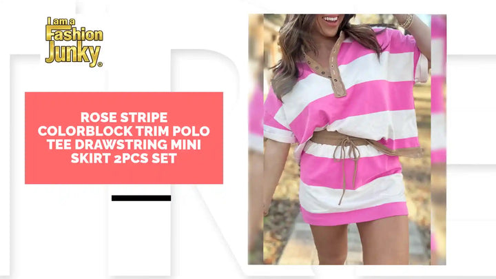 Rose Stripe Colorblock Trim Polo Tee Drawstring Mini Skirt 2pcs Set by@Outfy
