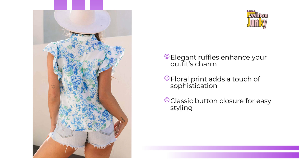 Sky Blue Floral Print Ruffle Sleeve Frilly Button Up Shirt by@Outfy