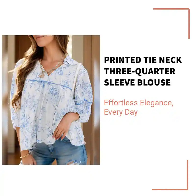 Printed Tie Neck Three-Quarter Sleeve Blouse by@Outfy