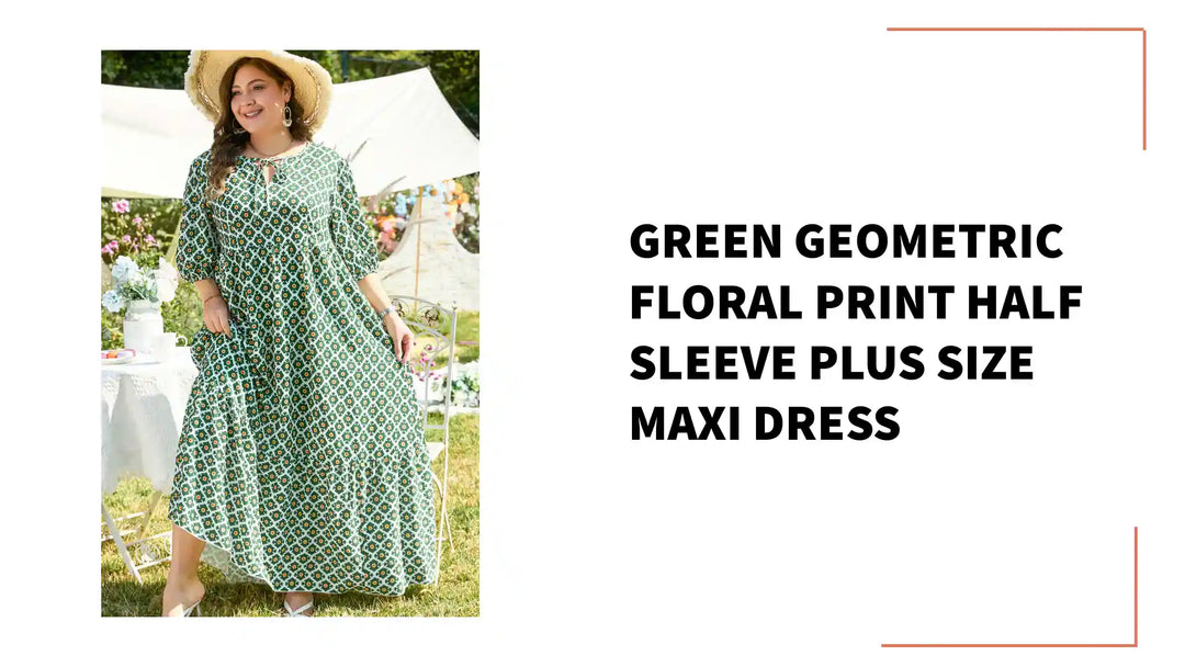 Green Geometric Floral Print Half Sleeve Plus Size Maxi Dress by@Outfy