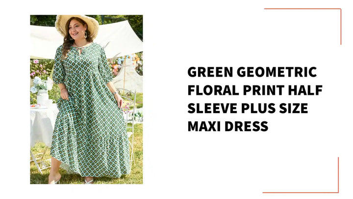 Green Geometric Floral Print Half Sleeve Plus Size Maxi Dress by@Outfy