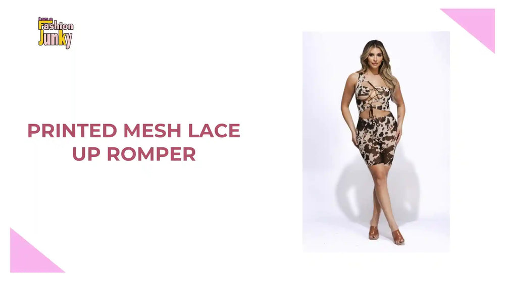 Printed Mesh Lace Up Romper by@Outfy