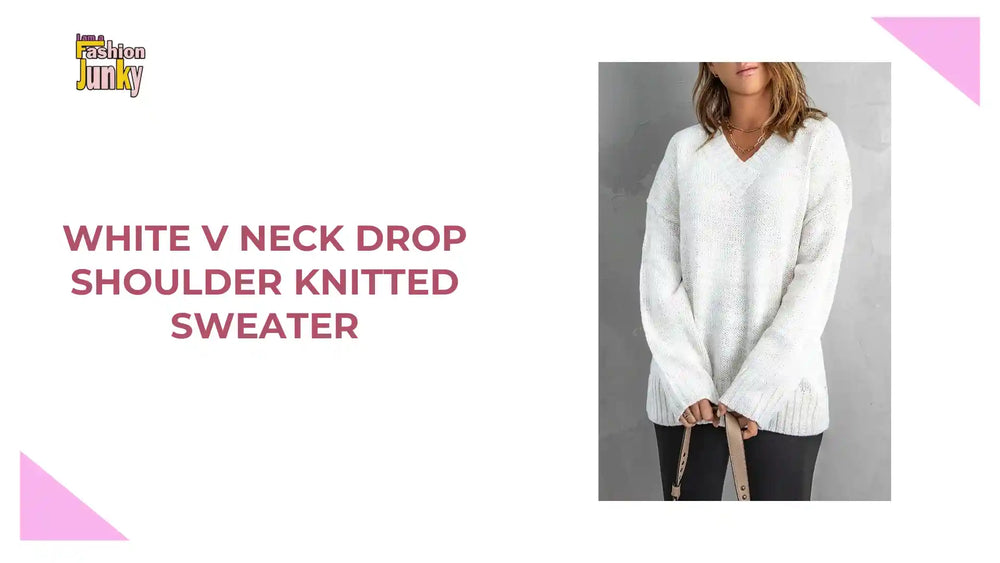 White V neck Drop Shoulder Knitted Sweater by@Outfy
