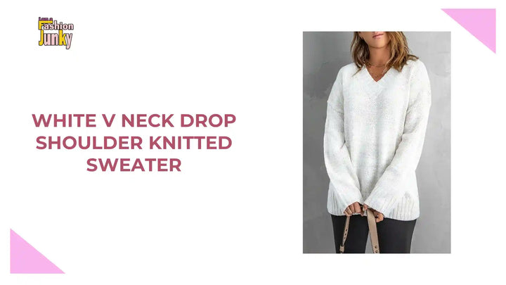 White V neck Drop Shoulder Knitted Sweater by@Outfy