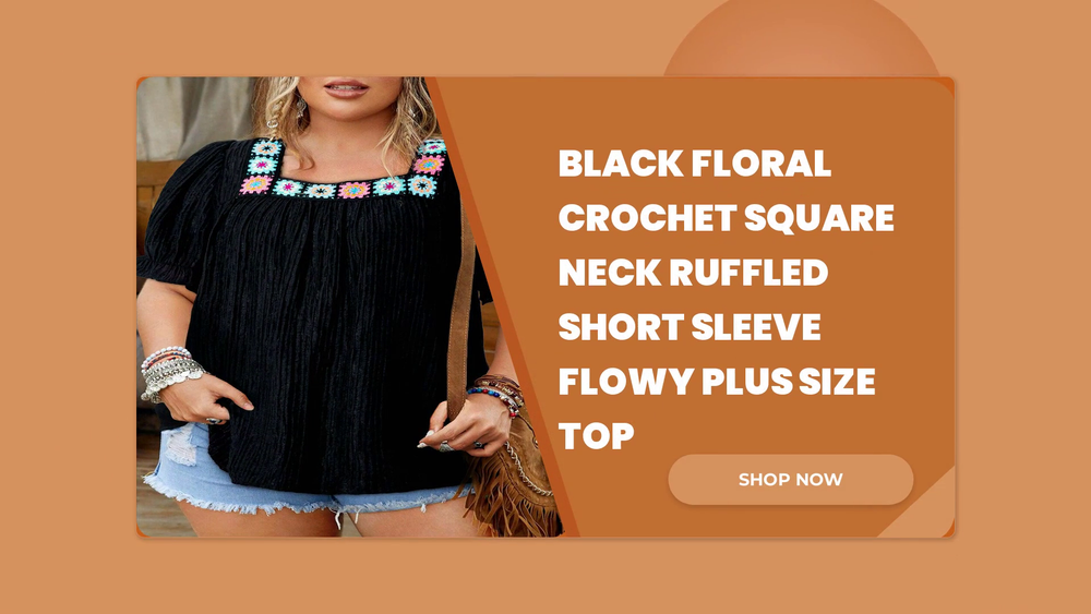 Black Floral Crochet Square Neck Ruffled Short Sleeve Flowy Plus Size Top by@Outfy