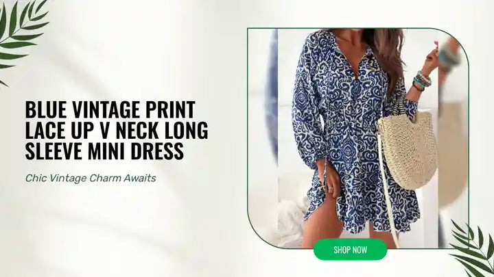 Blue Vintage Print Lace up V Neck Long Sleeve Mini Dress by@Outfy