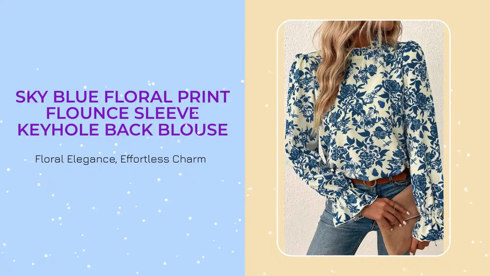 Sky Blue Floral Print Flounce Sleeve Keyhole Back Blouse by@Outfy