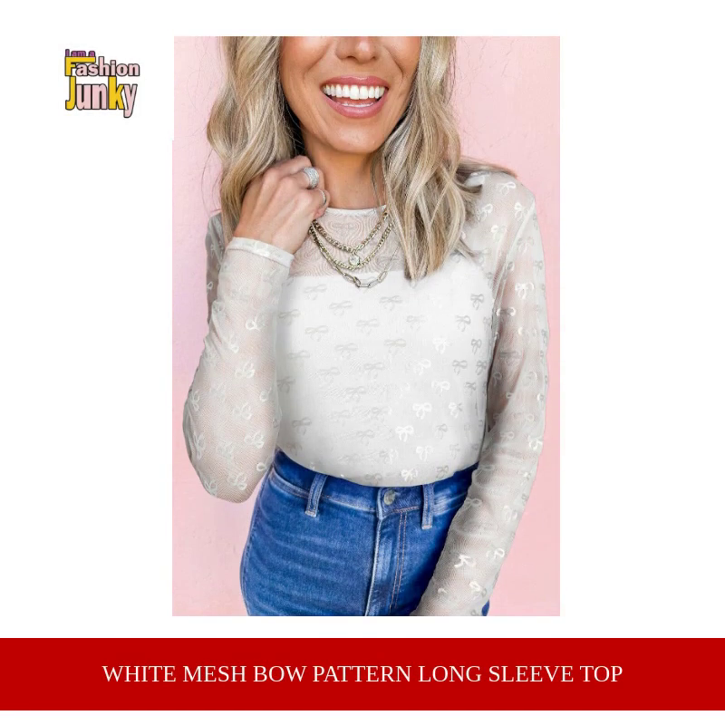 White Mesh Bow Pattern Long Sleeve Top by@Outfy