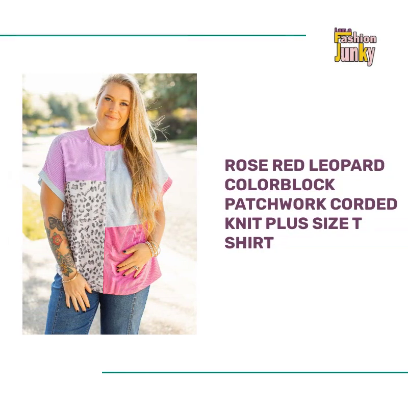 Rose Red Leopard Colorblock Patchwork Corded Knit Plus Size T Shirt by@Outfy