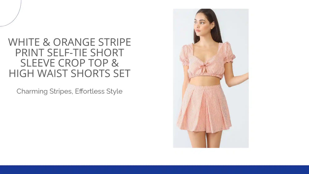 White &amp; Orange Stripe Print Self-tie Short Sleeve Crop Top &amp; High Waist Shorts Set by@Outfy