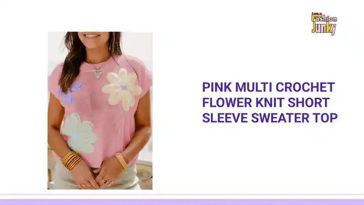 Pink Multi Crochet Flower Knit Short Sleeve Sweater Top by@Outfy