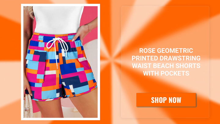 Rose Geometric Printed Drawstring Waist Beach Shorts with Pockets by@Outfy