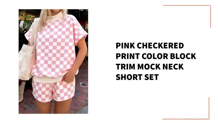 Pink Checkered Print Color Block Trim Mock Neck Short Set by@Outfy