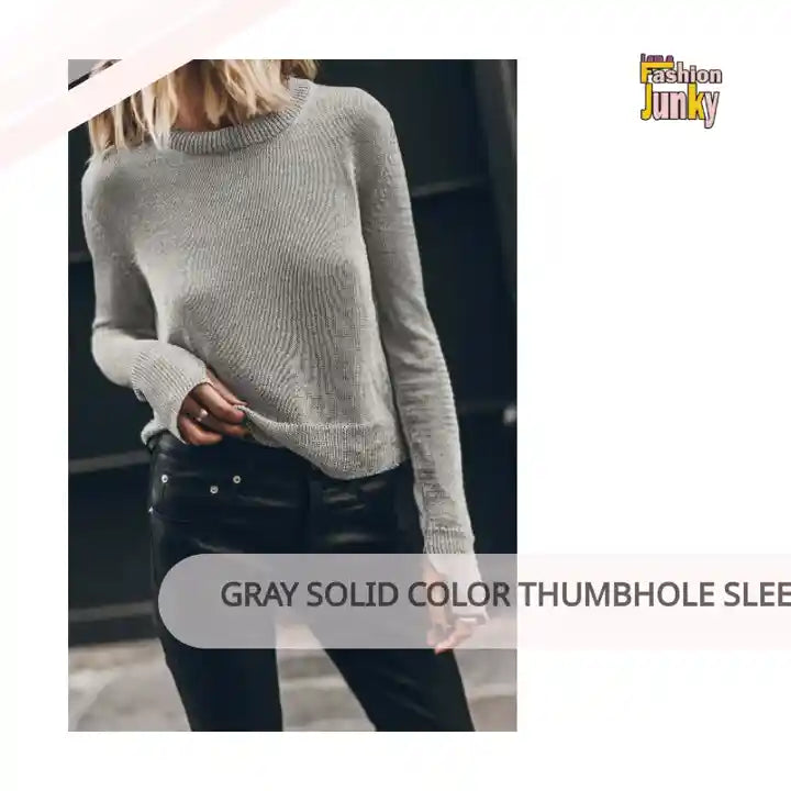 Gray Solid Color Thumbhole Sleeve Ribbed Edge Sweater by@Outfy