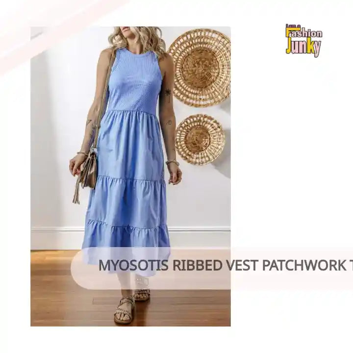 Myosotis Ribbed Vest Patchwork Tiered Midi Dress with Pockets by@Outfy