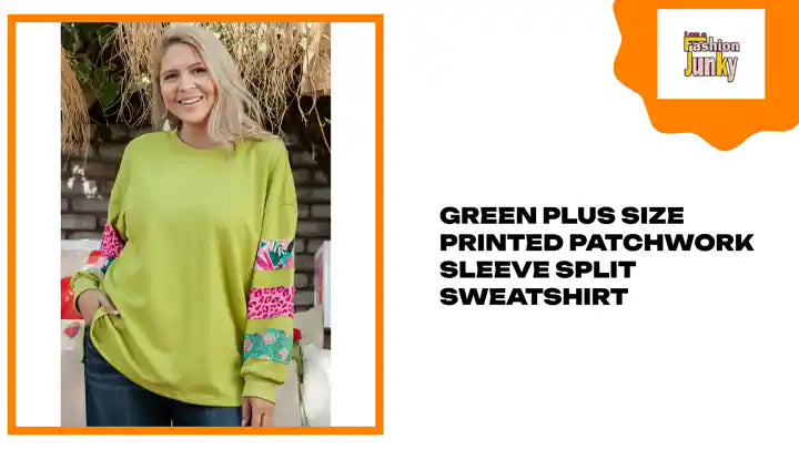 Green Plus Size Printed Patchwork Sleeve Split Sweatshirt by@Outfy