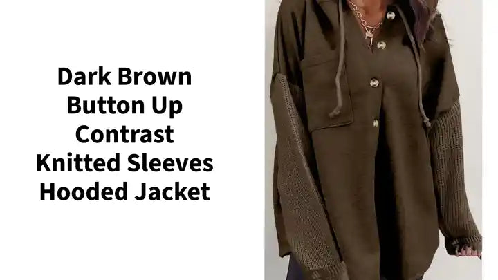 Dark Brown Button Up Contrast Knitted Sleeves Hooded Jacket by@Outfy