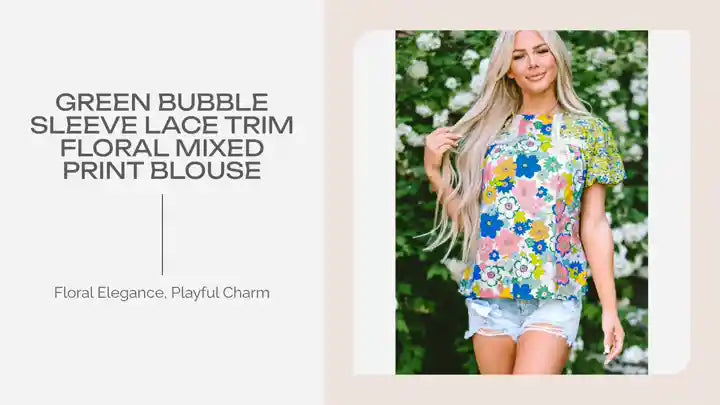 Green Bubble Sleeve Lace Trim Floral Mixed Print Blouse by@Outfy