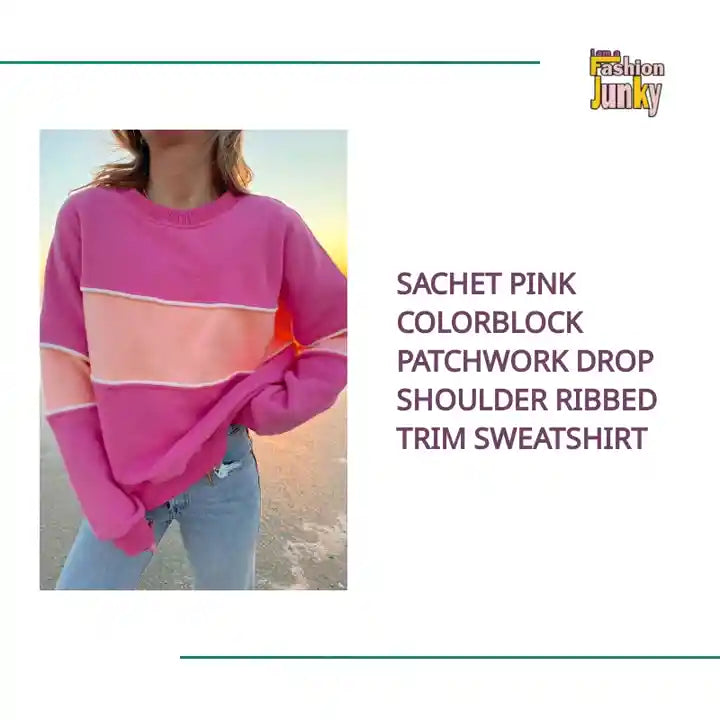 Sachet Pink Colorblock Patchwork Drop Shoulder Ribbed Trim Sweatshirt by@Outfy
